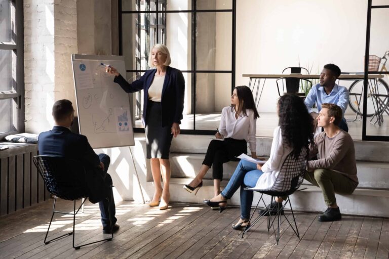 performance management system small business — business leader reviewing a process chart with a small team whiteboard in modern workplace.